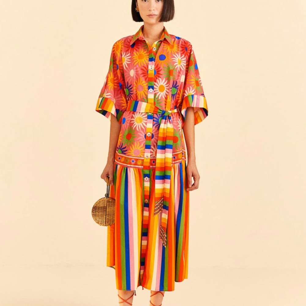 NWT FARM Rio Coral Mixed Graphic Macaws Midi Dress 100% Cotton
